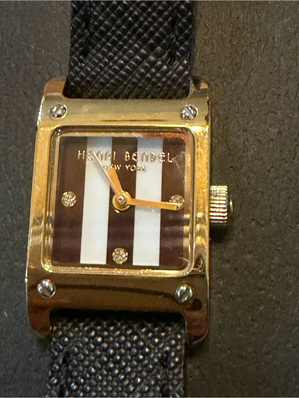 Henri Bendel Women’s Rectangle Gold Tone Quartz Watch Black/White Leather Strap